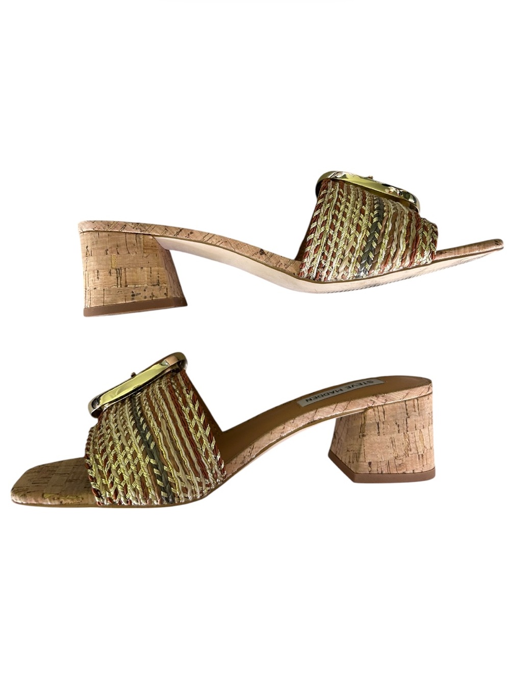 Steve Madden Seacrest Gold Multi Raffia Cork Block Heel Sandals Excellent 6.5 - Picture 5 of 10